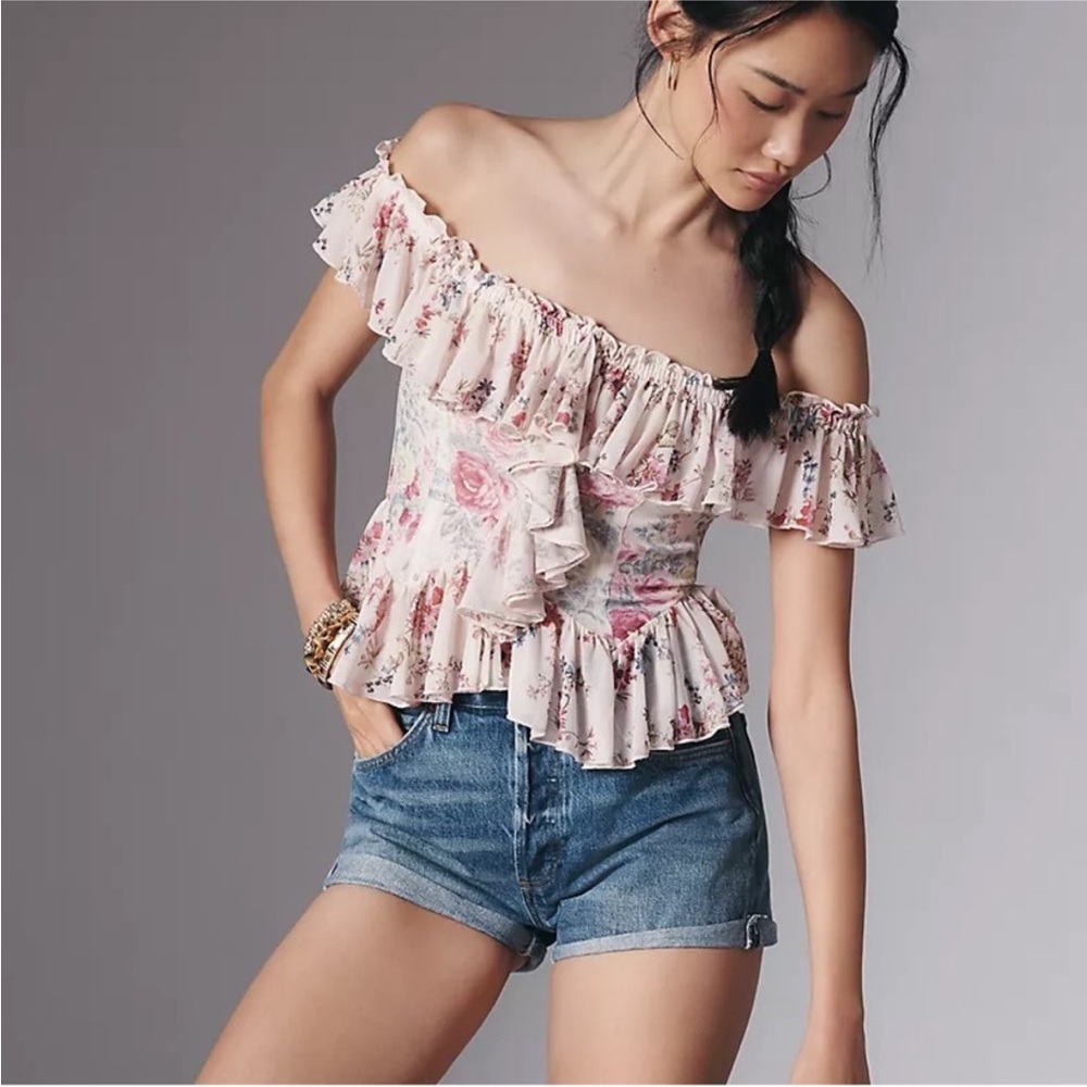 Anthropologie Pink Floral Ruffle Blouse